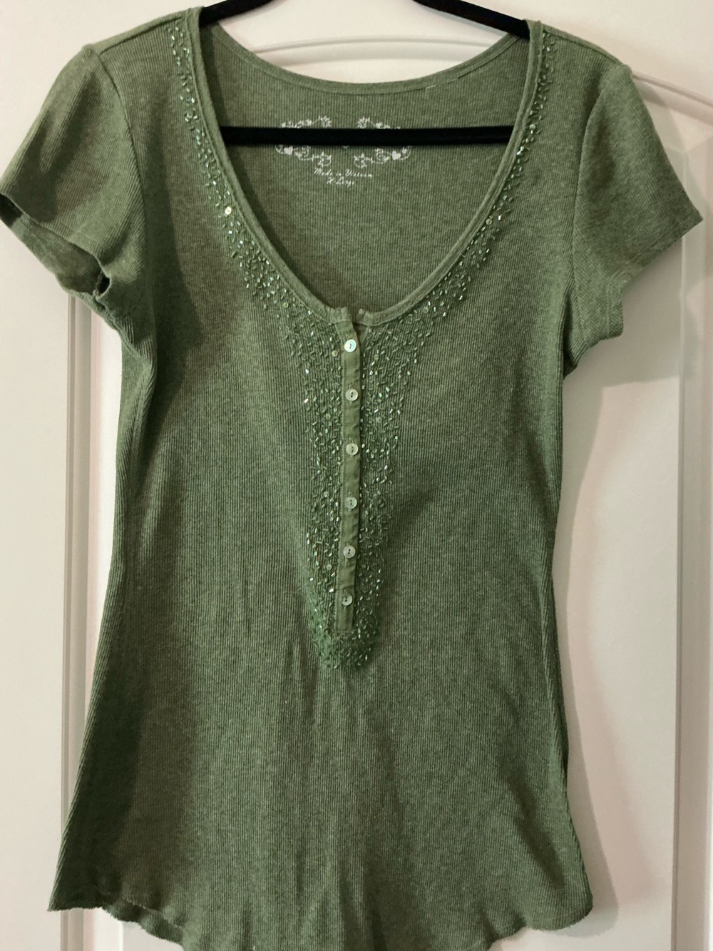 Next Era Olive Green Scoop Neck Short Sleeve Top with Bead Detail